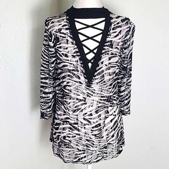 Slinky Brand Black & White Cardigan Sheer Top, Criss-Cross Cut-outs, Sz Small - Picture 6 of 9
